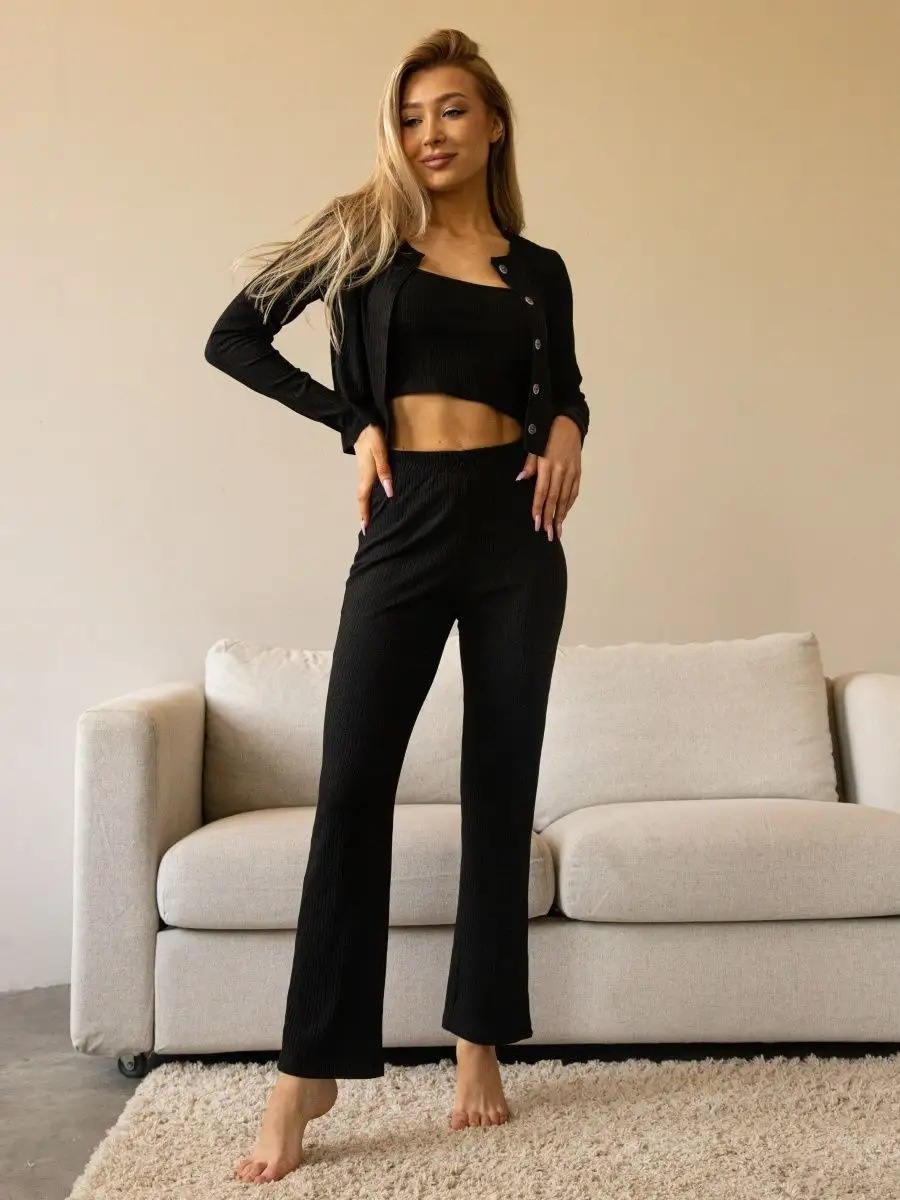 ChicShe Russian Three-Piece Set Ken Stripe Knitted Pajamas Top Long Pants Women's Wearable Outside Homewear_voghion.com