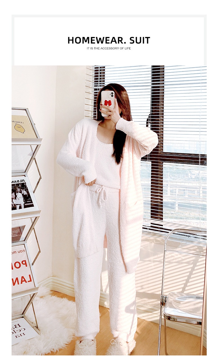 ChicShe Soft Fluffy Women's Pajamas Autumn Winter Three-Piece Set Thickened Cardigan Knitted Home Wear European And American_voghion.com