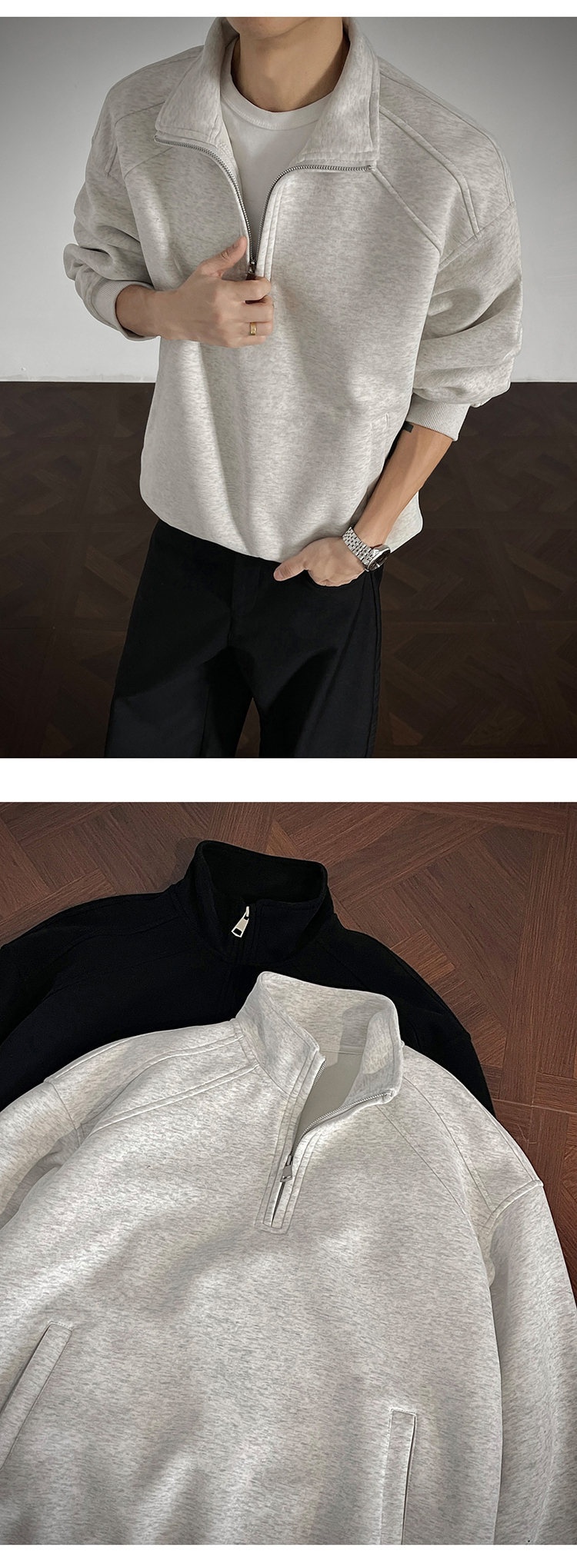 Herren-Sweatshirt im amerikanischen Retro-Stil mit halbem Reißverschluss und Stehkragen, locker geschnitten, Herbst 2025, Modell Heavy Loose Couple Jacket_voghion.com
