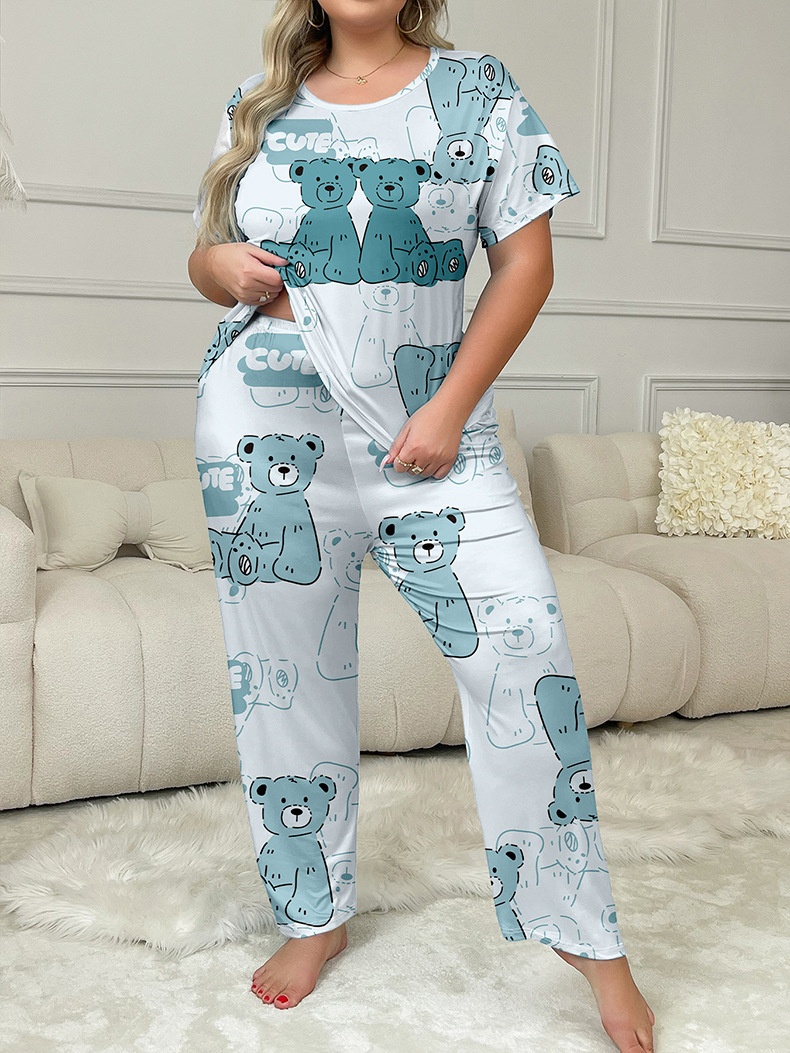 ChicShe European And American Cross-Border Plus Size Women's Pajamas Summer Loose T-Shirt Short Sleeve Heart Print Long Pants_voghion.com
