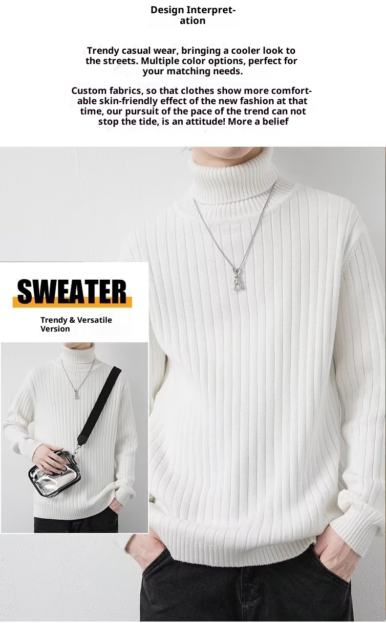 boy Tuleneck For Men Autumn Winter Simple Solid Color Trendy Brand Knitted Slim Fit Warm Turn-down Collar Sweater Base_voghion.com