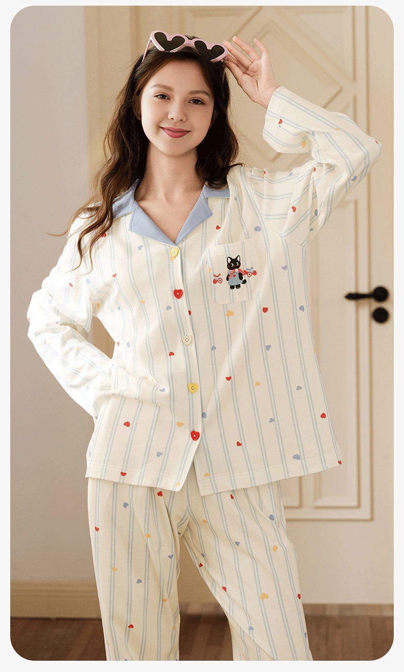 ChicShe Sleep Spring And Autumn New Long Sleeve Women's Pajamas Striped Cute Cartoon Loose Cotton Homewear Set_voghion.com