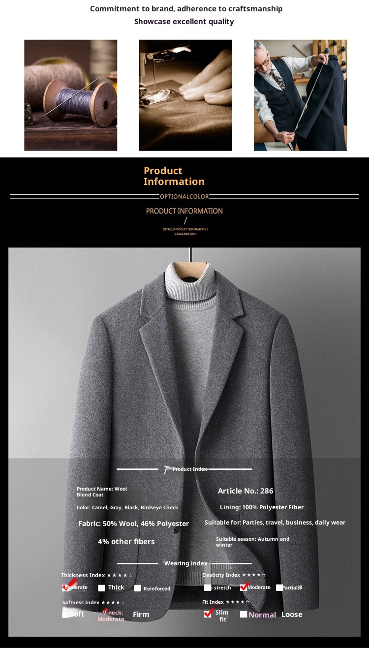 jongen Enkelzijdige kasjmierjas Herfst Winter Effen Kleur Korte Wollen Jas Herenpak Veelzijdig_voghion.com