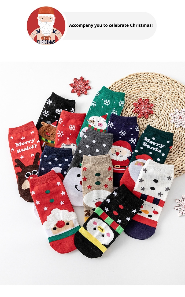 Lillian Women's Autumn Winter Cotton Cartoon 4 Pairs New Year Cute Japanese Style Christmas Short Socks_voghion.com
