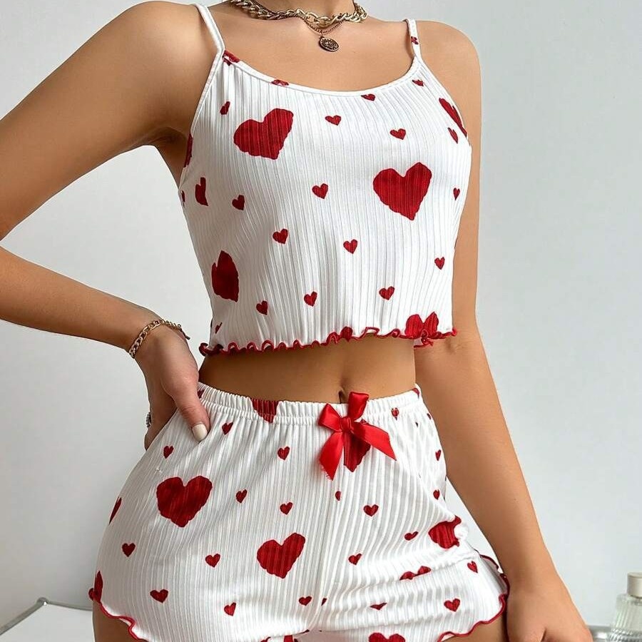 ChicShe Cross-Border Women's Homewear Heart Print Camisole Shorts Casual Ribbed Wearable European And American Style Pajamas_voghion.com