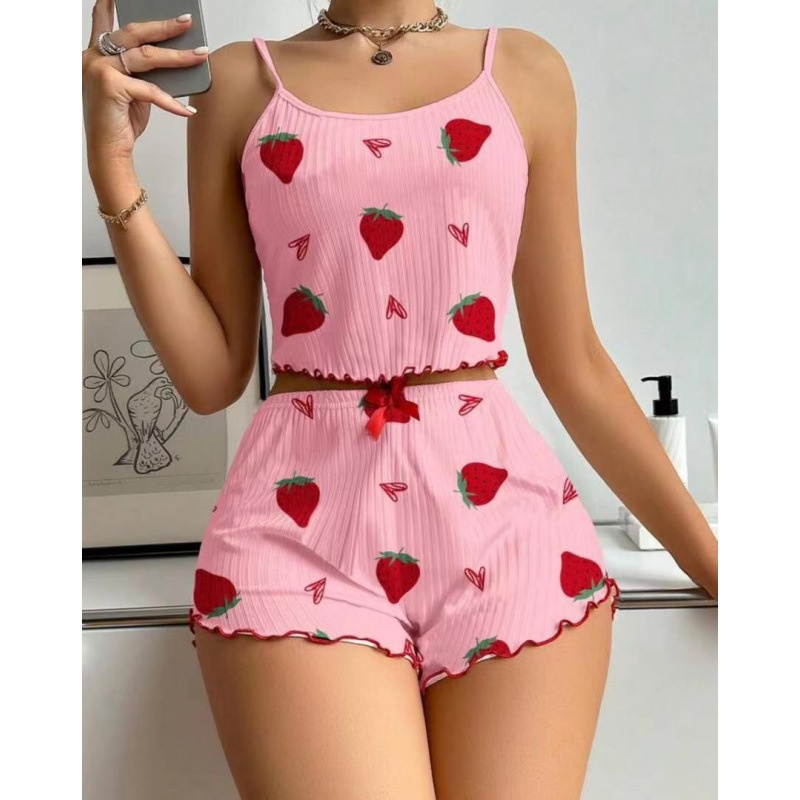 ChicShe European And American Style Women's Pajamas Ribbed Heart Print Sexy Camisole Shorts Homewear Two-Piece Set Cross-Border_voghion.com