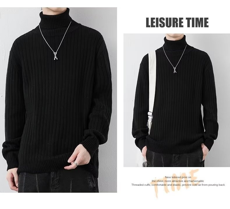 boy Tuleneck For Men Autumn Winter Simple Solid Color Trendy Brand Knitted Slim Fit Warm Turn-down Collar Sweater Base_voghion.com