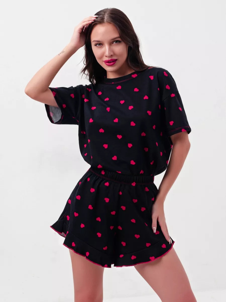ChicShe European And American Spring New Cross-Border Heart Print Round Neck Short Sleeve Shorts Women's Homewear Pajamas_voghion.com