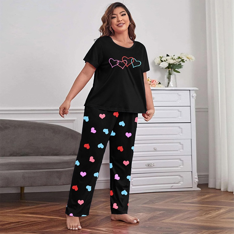 ChicShe Cross-border Exclusive European And American Style Homewear Colorful Heart Print Short Sleeve Long Pants Women's Pajama_voghion.com