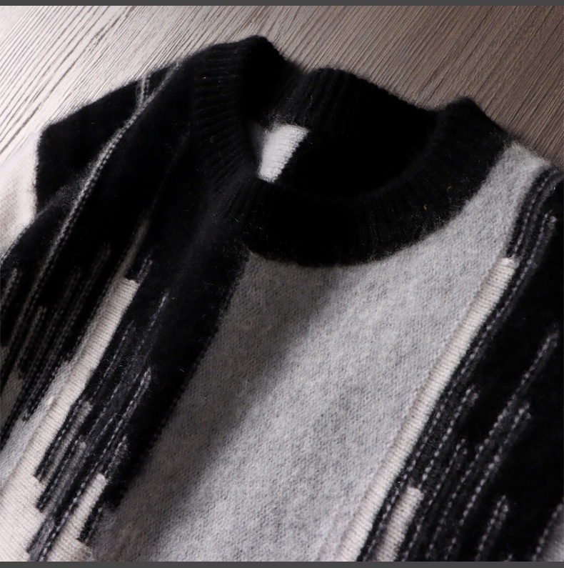 boy Boy Boy 100% Pure Wool Sweater For Men, Round Neck, Color Block Gradient, Thickened, Loose Fit, Business Casual Cashmere Knitted_voghion.com