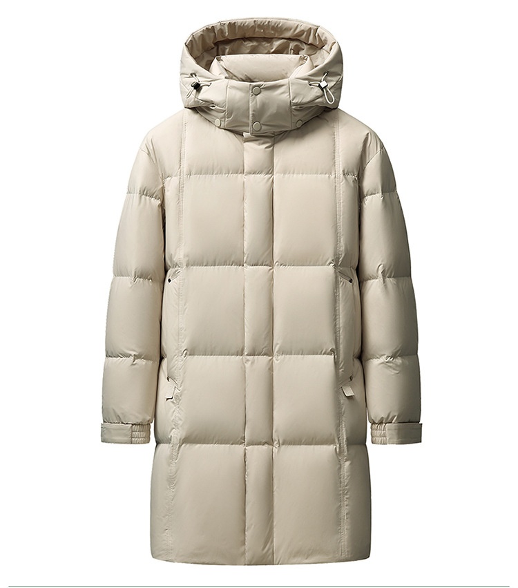 Winterjacke für Herren, Modell 2025: Lange, dicke, warme, weiße Daunenjacke mit Kapuze – perfekt für Männer mittleren Alters und Väter._voghion.com