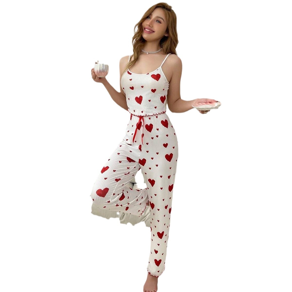ChicShe – Beliebter europäischer und amerikanischer Homewear-Schlafanzug mit gerippter Weste und Herzträgern für Damen, auch als lange Hose tragbar_voghion.com