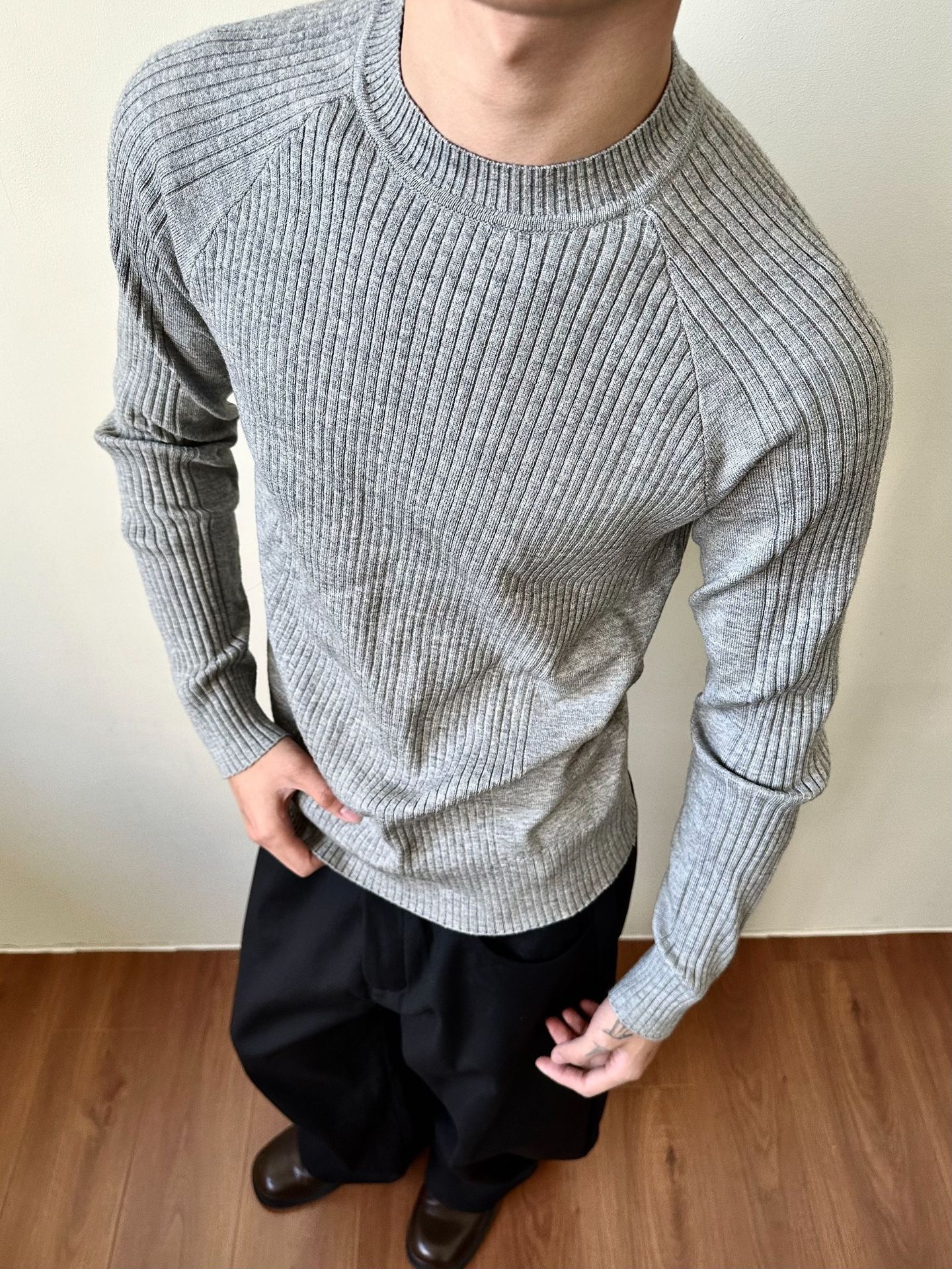 ragazzo MADEEXTREME Maglione largo a coste Old Money Slim Fit Manica lunga Strato base Girocollo Unisex_voghion.com