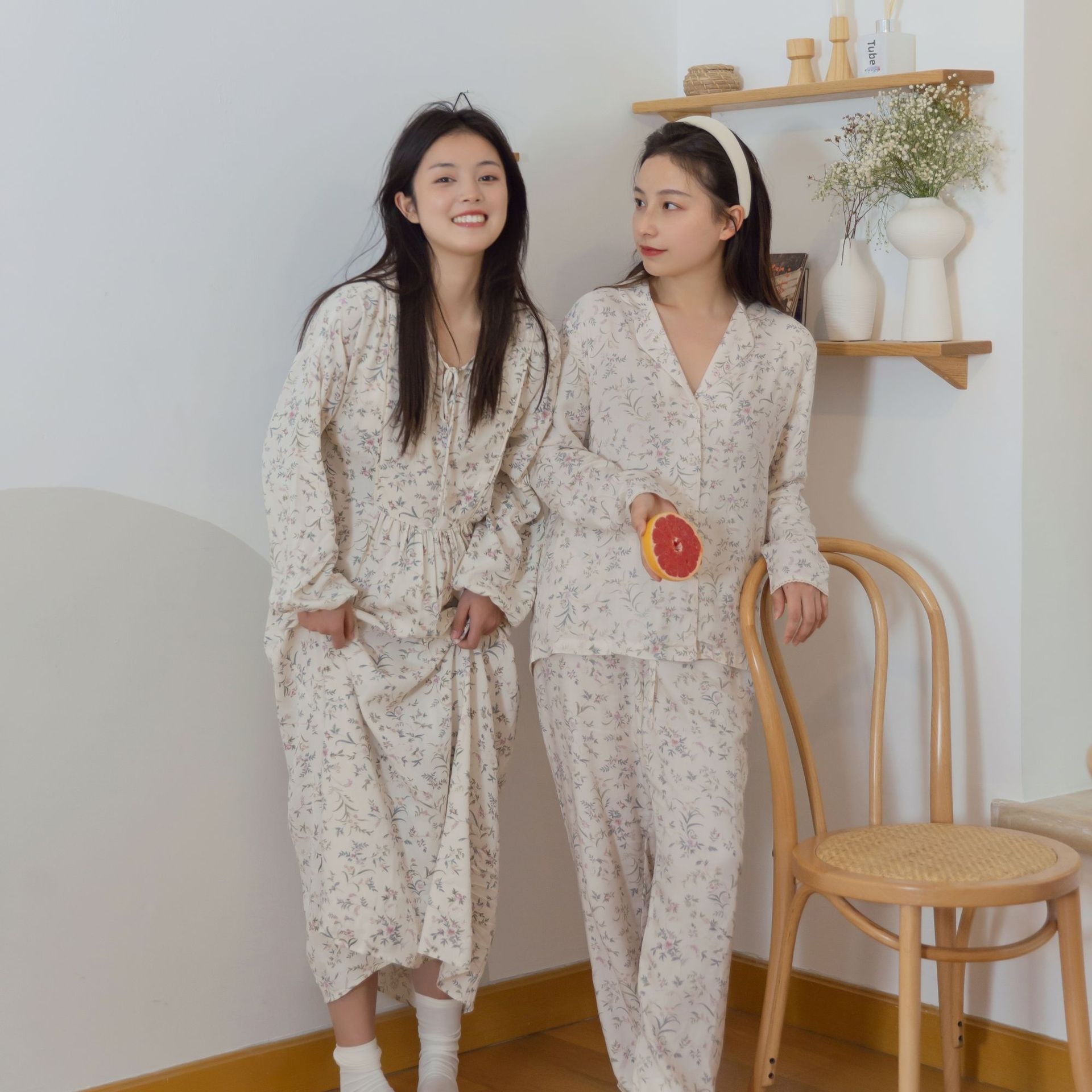 ChicShe Spanish O Marka Kadın İlkbahar Yaz Gül Uzun Kollu Vintage Küçük Çiçekli Pamuklu Rayon Pijama Takımı Kadınlar İçin_voghion.com