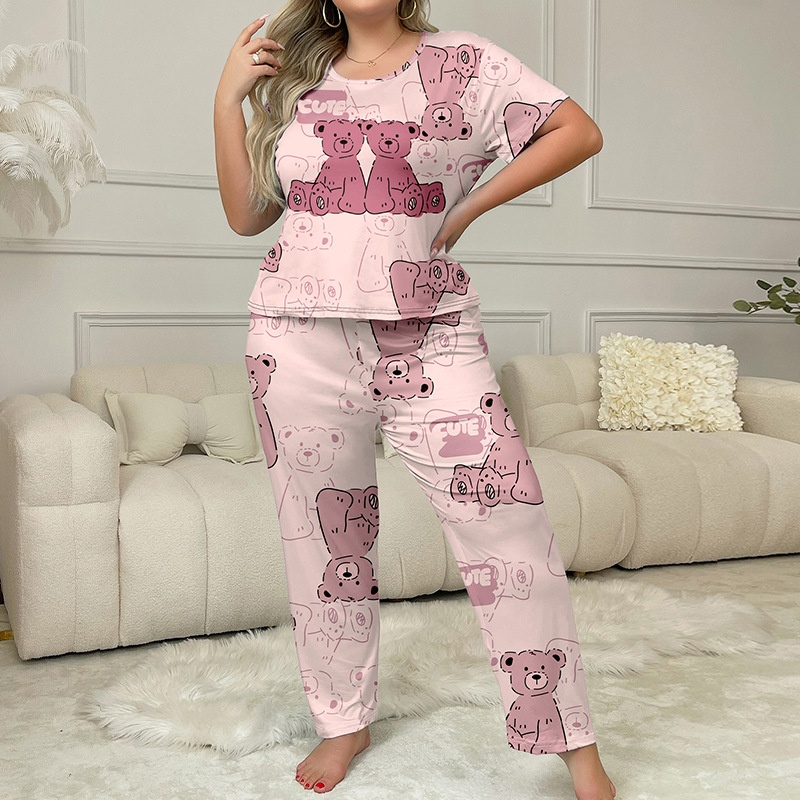 ChicShe European And American Cross-Border Plus Size Women's Pajamas Summer Loose T-Shirt Short Sleeve Heart Print Long Pants_voghion.com