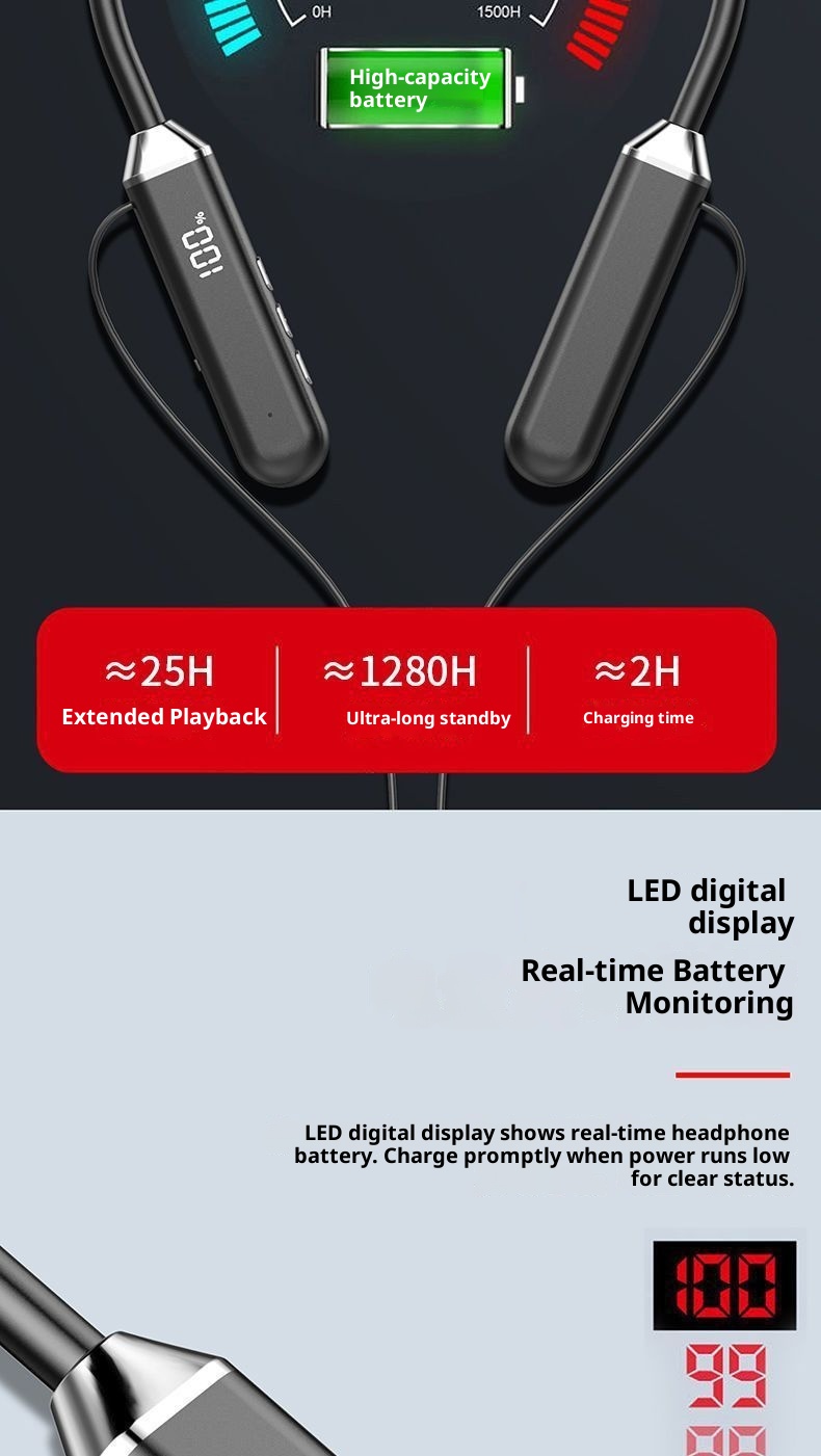 3c New Wireless Bluetooth LED Digital Display Sports Ultra-Long Battery Life Headset Gaming E-Sports Hanging Neck Style_voghion.com