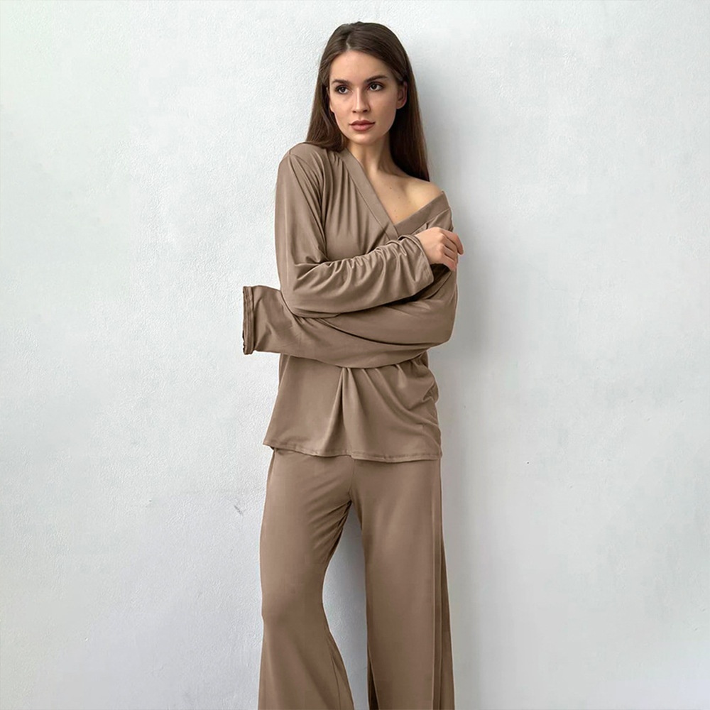 ChicShe Cross-Border V-Neck Sleeve Long Pants Pajama Set European And American 2025 Autumn New Knitted Pajamas Export Home Wear_voghion.com
