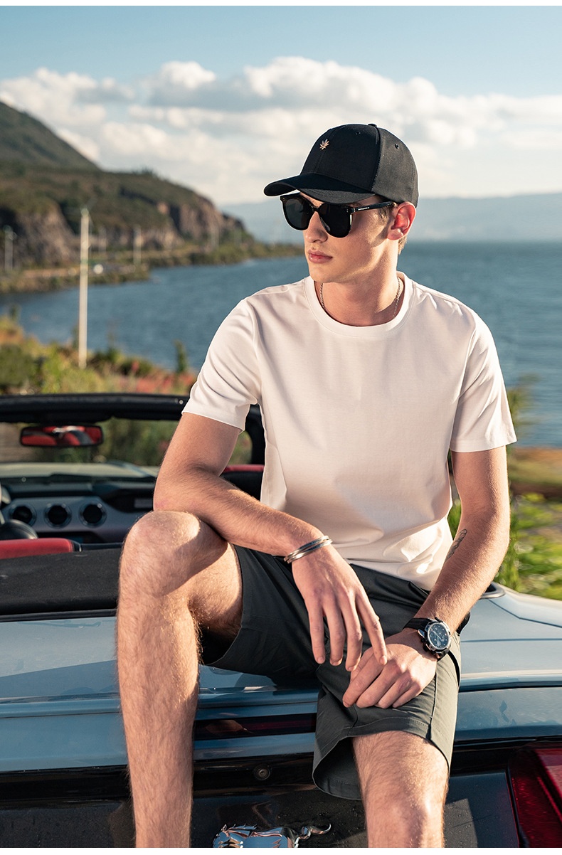 Maglietta base da uomo in cotone di seta ghiaccio fresco, manica corta, estiva, bianca, tinta unita, mercerizzata_voghion.com