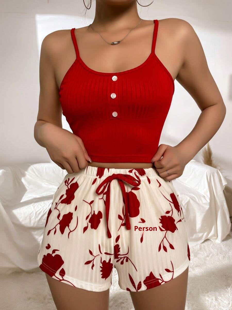 ChicShe Women's Homewear Printed Camisole Shorts Casual Sexy Ribbed Wearable European And American Style Pajamas Comfortable_voghion.com