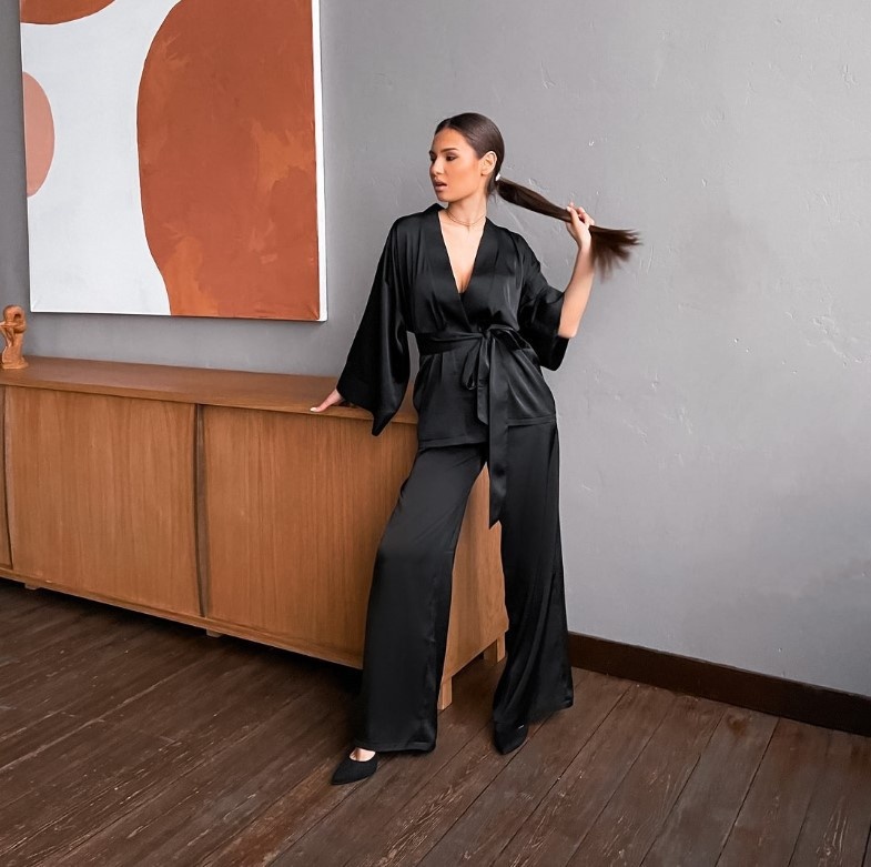 ChicShe European And American Foreign Trade Autumn Long Sleeve Cardigan Robe For Women With Tie Loose Home Pants Pajama Set_voghion.com