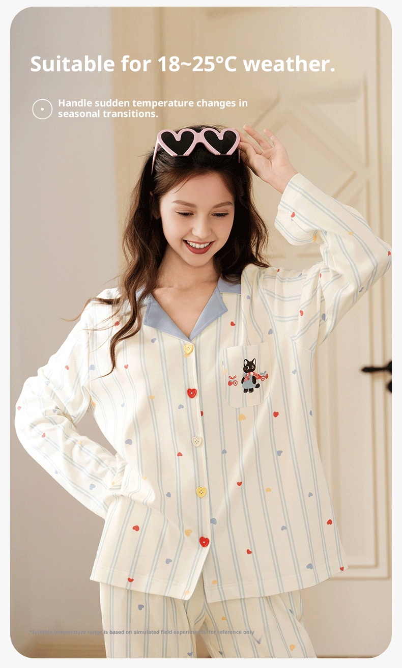 ChicShe Sleep Spring And Autumn New Long Sleeve Women's Pajamas Striped Cute Cartoon Loose Cotton Homewear Set_voghion.com