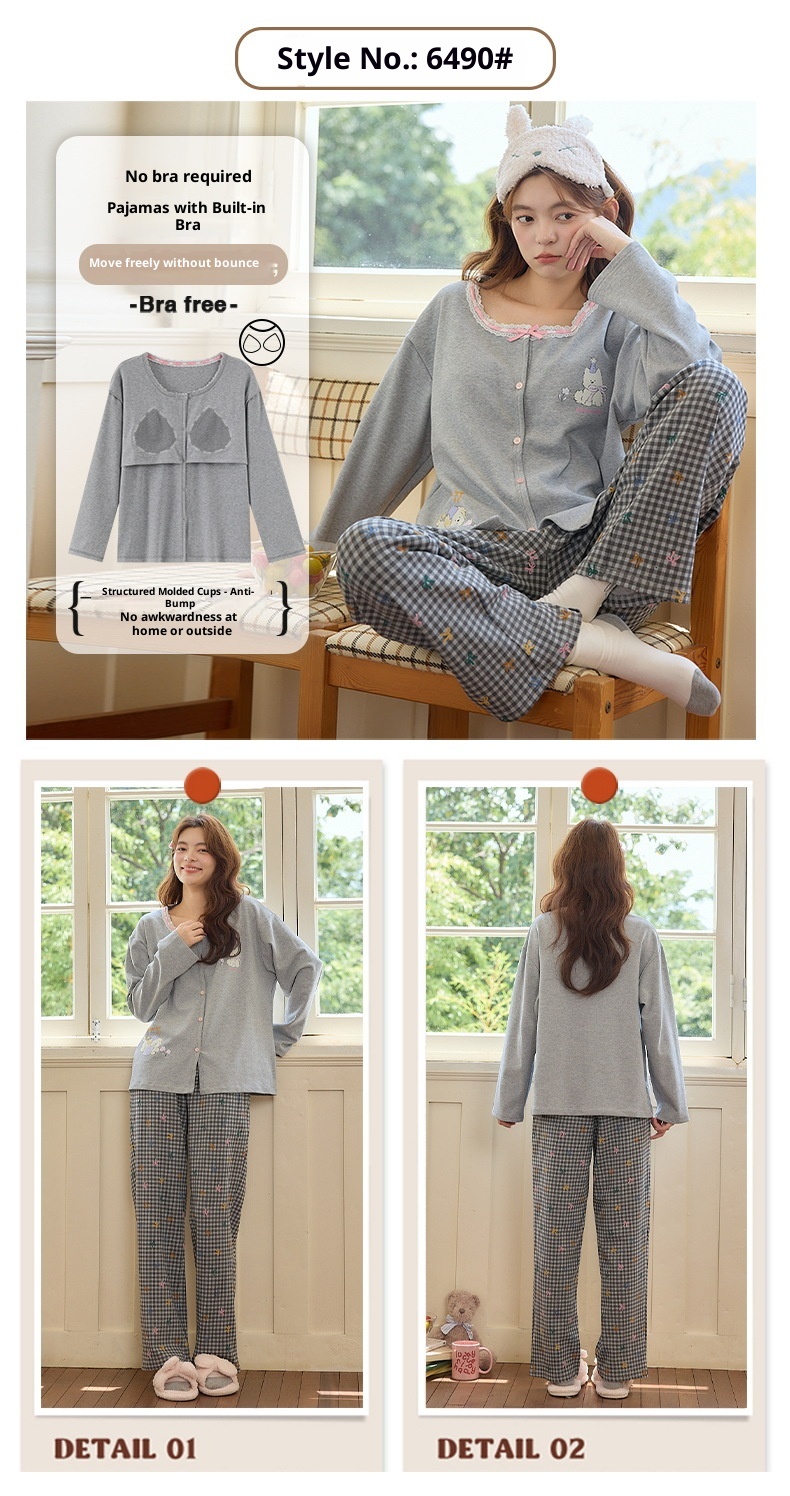 ChicShe Autumn Winter Pajamas For Women 2025 Pure Cotton Cardigan Long Sleeve Set With Chest Pads, Simple Loose Homewear_voghion.com