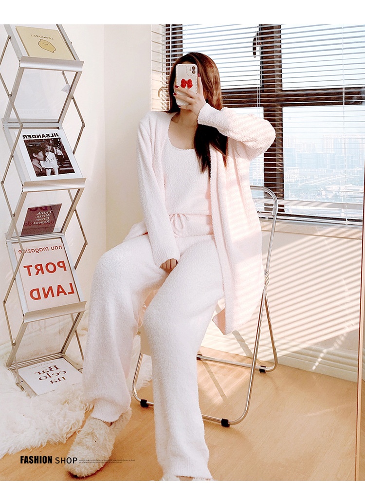 ChicShe Soft Fluffy Women's Pajamas Autumn Winter Three-Piece Set Thickened Cardigan Knitted Home Wear European And American_voghion.com