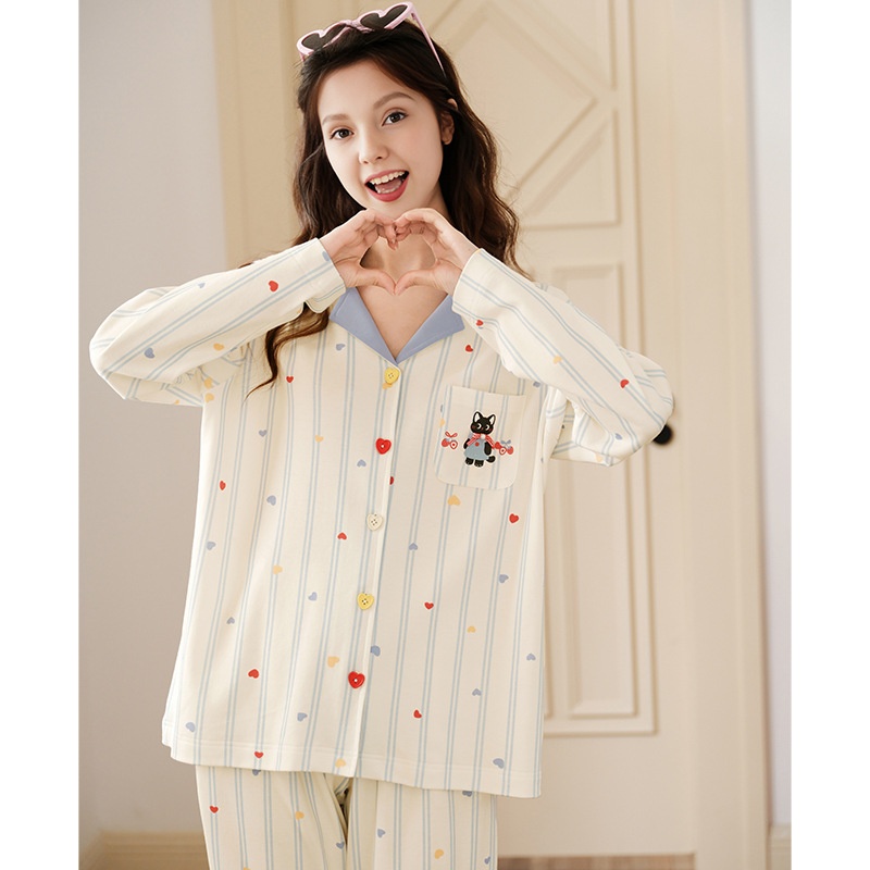 ChicShe Sleep Spring And Autumn New Long Sleeve Women's Pajamas Striped Cute Cartoon Loose Cotton Homewear Set_voghion.com