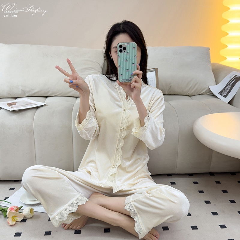 ChicShe Beautiful Velvet Pajamas Autumn Winter Women Lace Cardigan Long Sleeve Set Sexy Elegant Wearable Homewear_voghion.com
