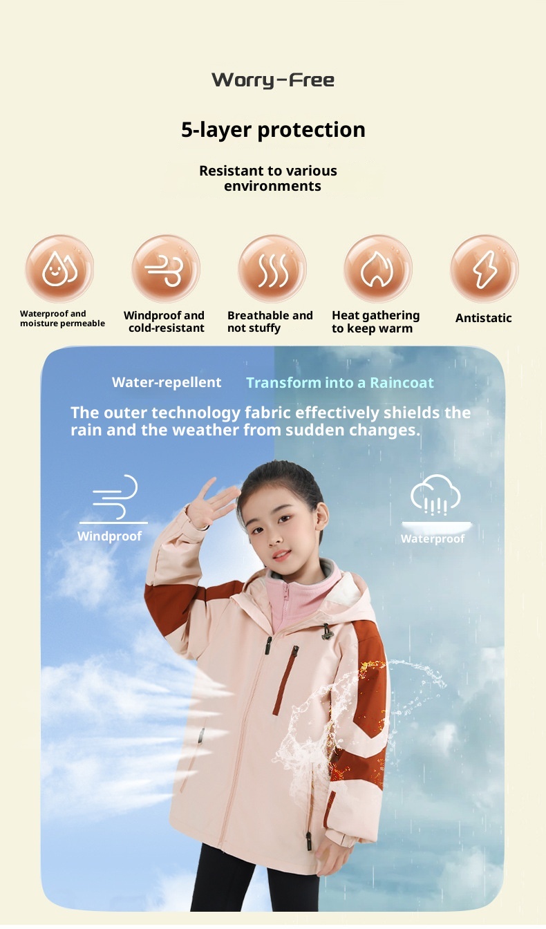 001 Children's Softshell Jacket Pants Set For Boys And Girls, Fleece-Lined, Waterproof, Windproof, Warm Three-Piece Outfit_voghion.com