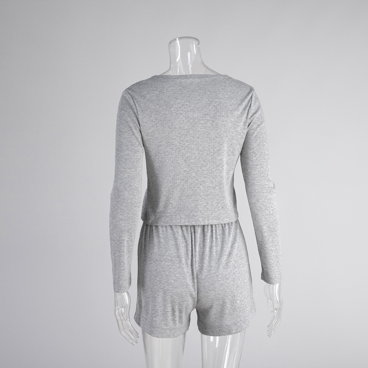 ChicShe Cross-Border Gray Long-Sleeve Shorts Pajama Set European And American 2025 Spring New Knitted Pajamas Export Home Wear_voghion.com