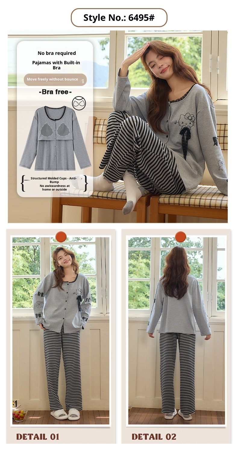 ChicShe Autumn Winter Pajamas For Women 2025 Pure Cotton Cardigan Long Sleeve Set With Chest Pads, Simple Loose Homewear_voghion.com
