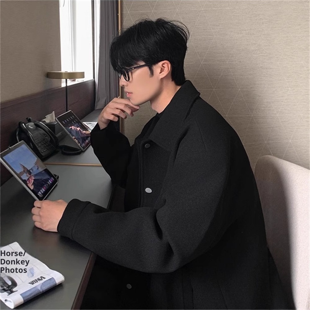 boy Mature And Stable Men's Gray Lapel Jacket Autumn Korean Style Cleanfit Loose Wool Coat Outerwear_voghion.com