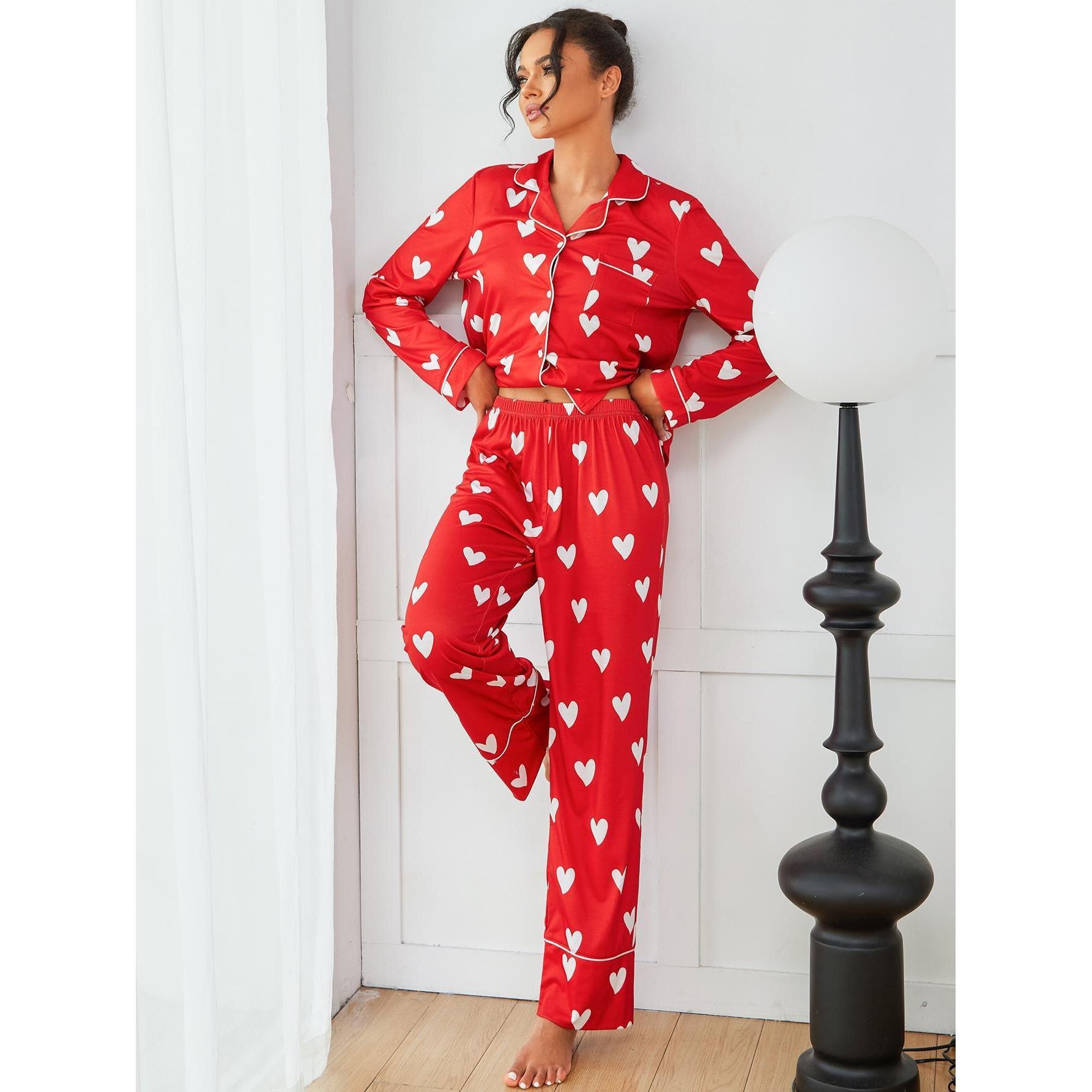 ChicShe European American Cross-Border Women's Pajamas Autumn Winter Heart Print Long Sleeve Shirt And Pants Two-Piece_voghion.com