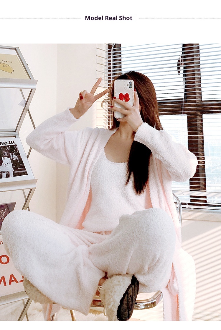 ChicShe Soft Fluffy Women's Pajamas Autumn Winter Three-Piece Set Thickened Cardigan Knitted Home Wear European And American_voghion.com