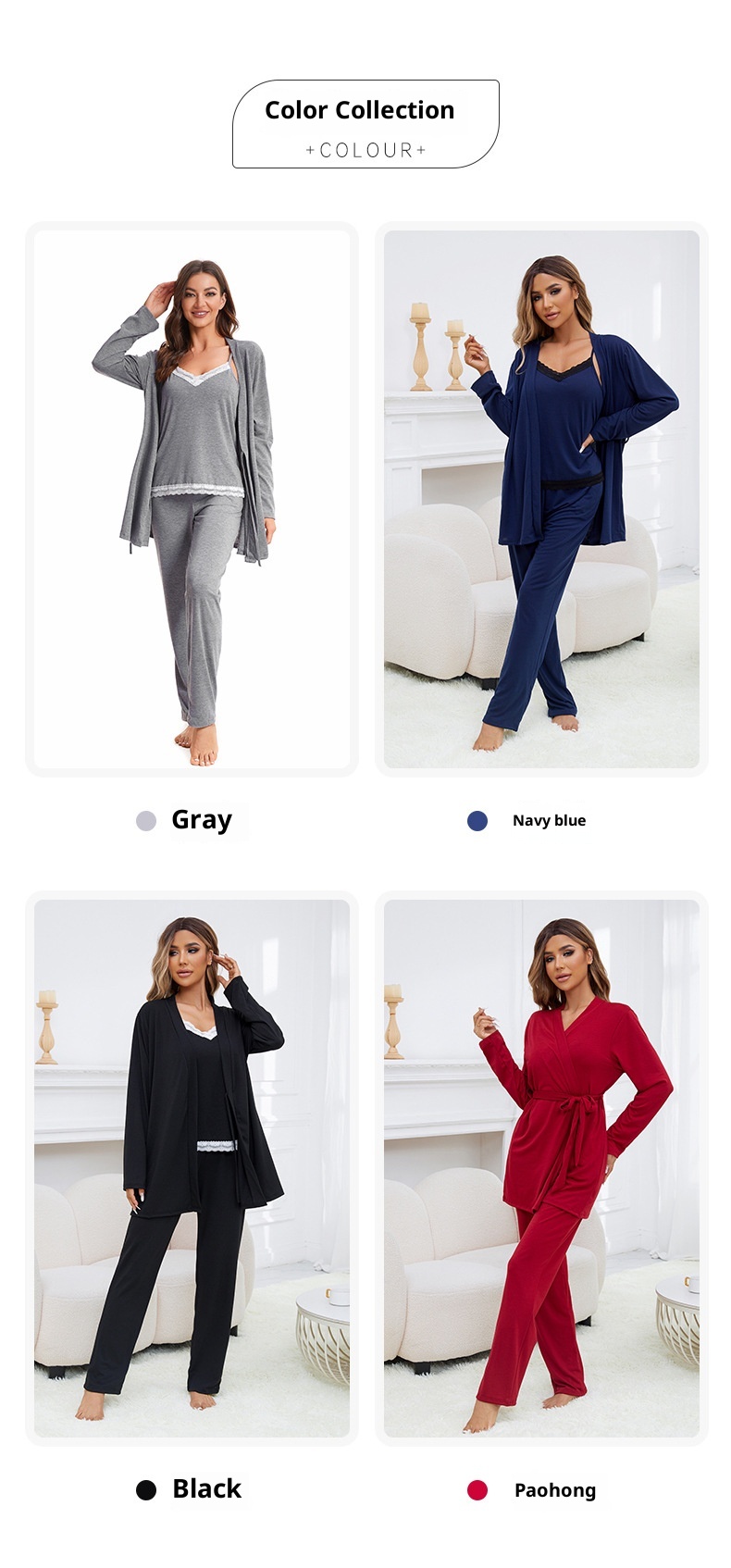 ChicShe Exclusive Cross-Border Women's Cotton Camisole Nightgown Three-Piece Set Homewear European And American Style_voghion.com