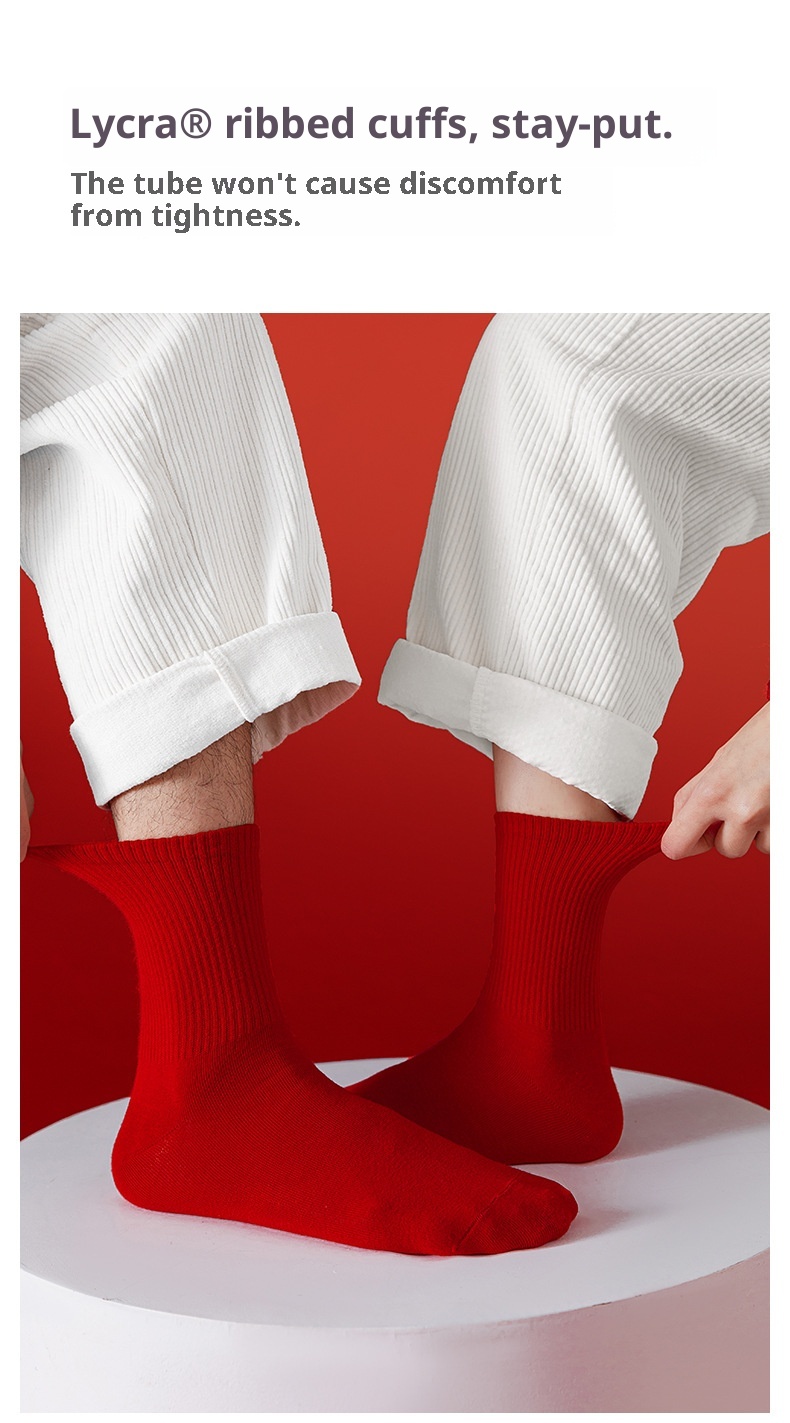 Lillian Zodiac Year Red Men's Autumn And Winter Deodorant Sweat-Absorbing Cotton Women's Seamless Mid-Calf Couple's Christmas_voghion.com