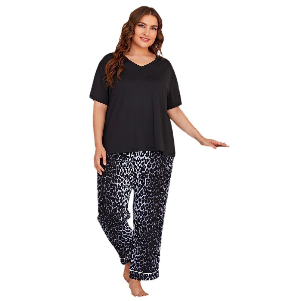 ChicShe European And American Foreign Trade Plus Size Women's Summer Leopard Print Short Sleeve Long Pants Fat MM_voghion.com