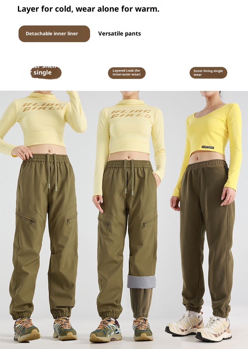 001 Calça feminina três em um, forrada com lã, removível, à prova de vento e impermeável, casual e quente para homens._voghion.com