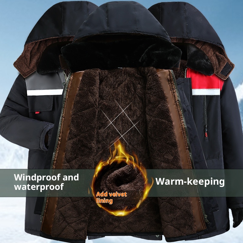 boy Reflective Strip Large Pocket Fleece Lined Thickened Warm Workwear Jacket Men's Wear-Resistant Windproof Waterproof_voghion.com