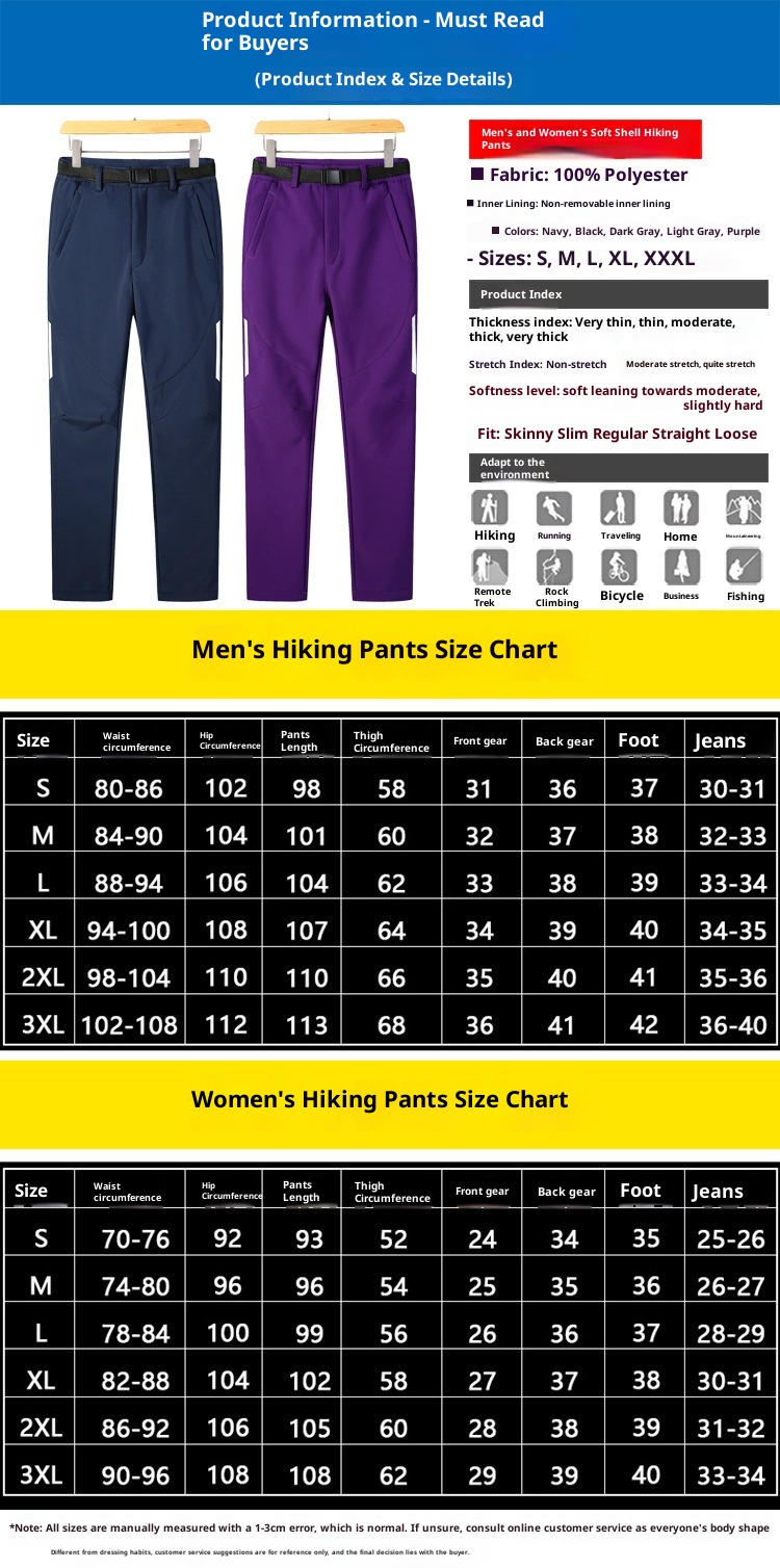 Calça Softshell Esportiva Outdoor 001 para Homens e Mulheres, Outono Inverno Cor Sólida Fleece Esqui Caminhada Calça Comprida, Grossa e_voghion.com