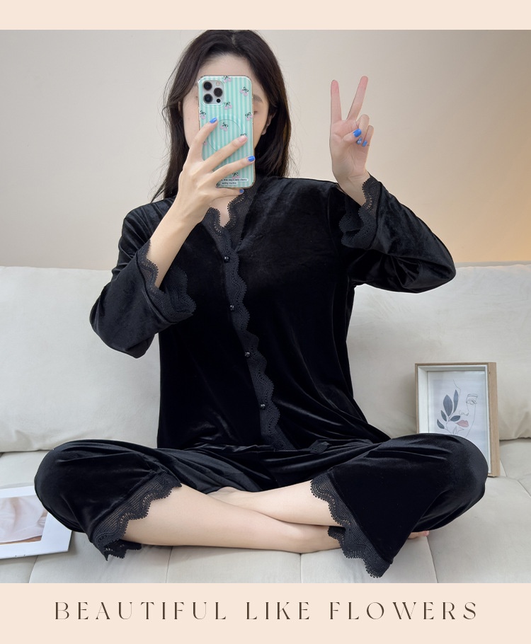 ChicShe Beautiful Velvet Pajamas Autumn Winter Women Lace Cardigan Long Sleeve Set Sexy Elegant Wearable Homewear_voghion.com