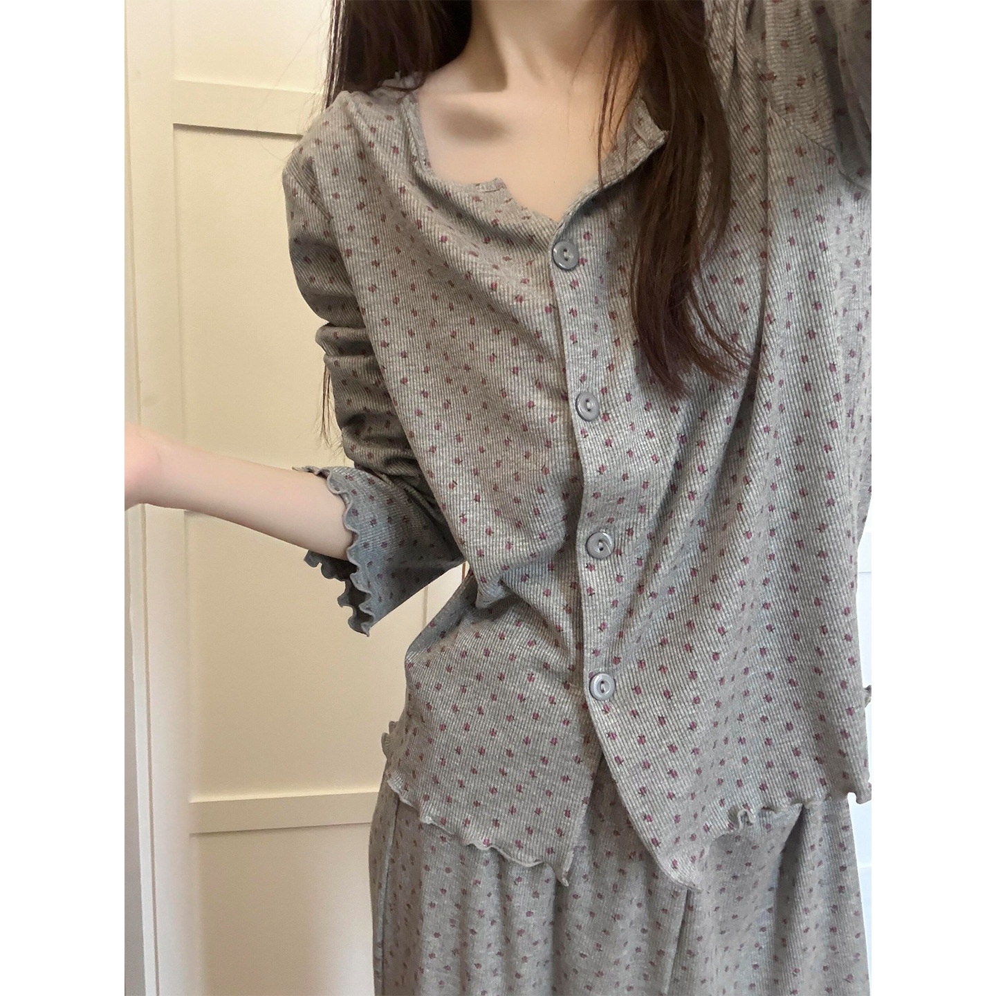 Pigiama da donna in puro cotone, delicato sulla pelle, con stampa floreale in stile coreano ChicShe, cardigan lungo primaverile e autunnale_voghion.com
