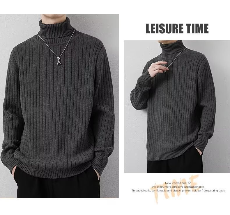 boy Tuleneck For Men Autumn Winter Simple Solid Color Trendy Brand Knitted Slim Fit Warm Turn-down Collar Sweater Base_voghion.com