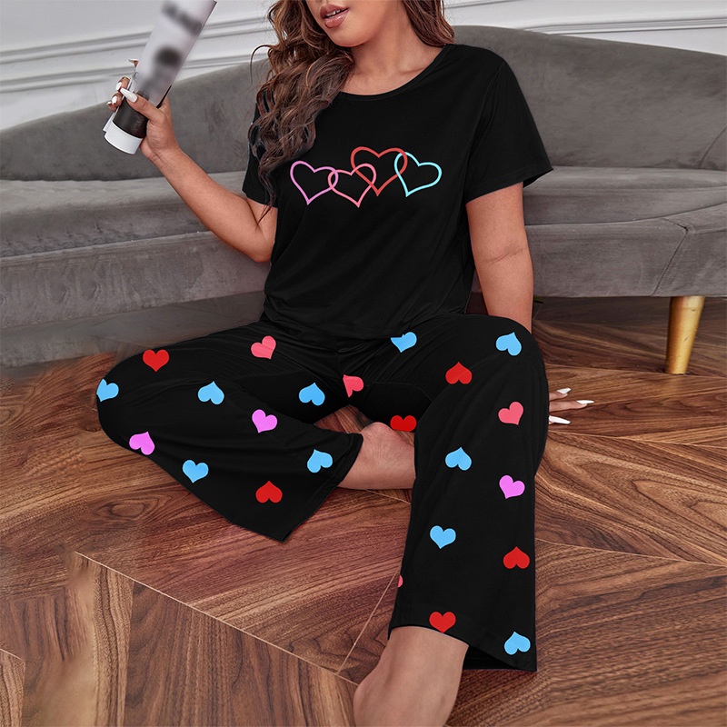 ChicShe Cross-border Exclusive European And American Style Homewear Colorful Heart Print Short Sleeve Long Pants Women's Pajama_voghion.com