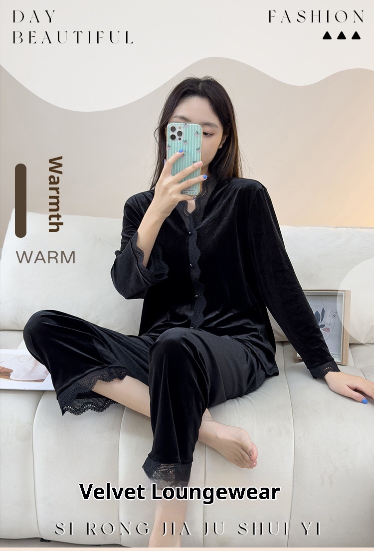 ChicShe Beautiful Velvet Pajamas Autumn Winter Women Lace Cardigan Long Sleeve Set Sexy Elegant Wearable Homewear_voghion.com