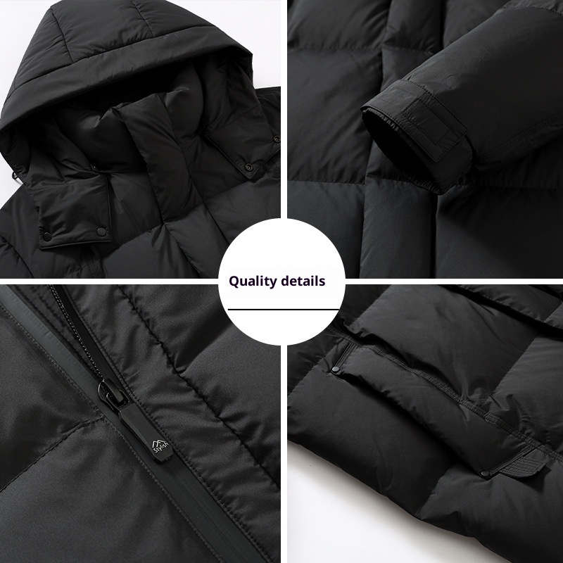 Winterjacke für Herren, Modell 2025: Lange, dicke, warme, weiße Daunenjacke mit Kapuze – perfekt für Männer mittleren Alters und Väter._voghion.com