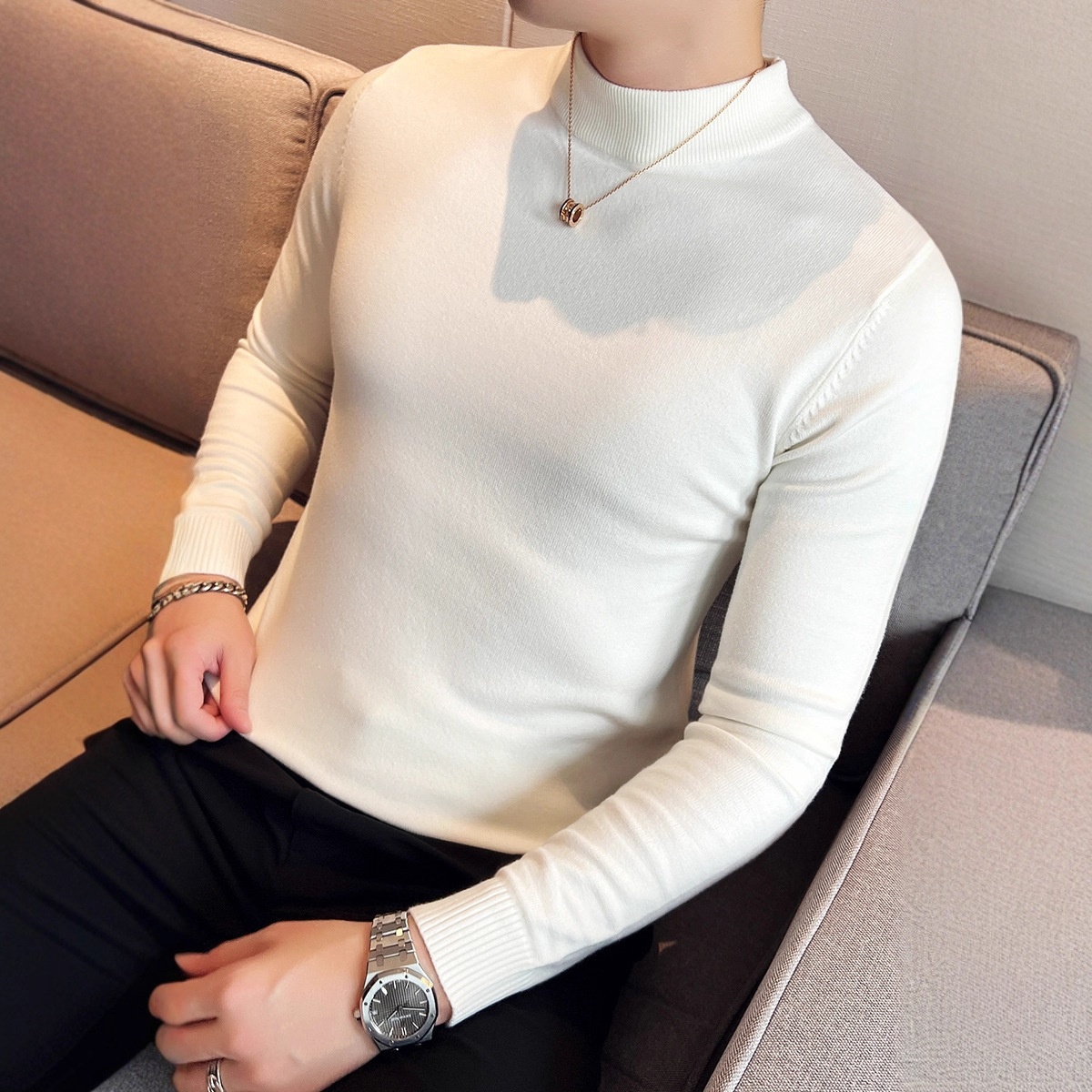 Herrenpullover, dick gefüttert, warm, für Herbst und Winter, halber Rollkragen, Strick, schmale Passform, Business-Hemd, Unterhemd_voghion.com