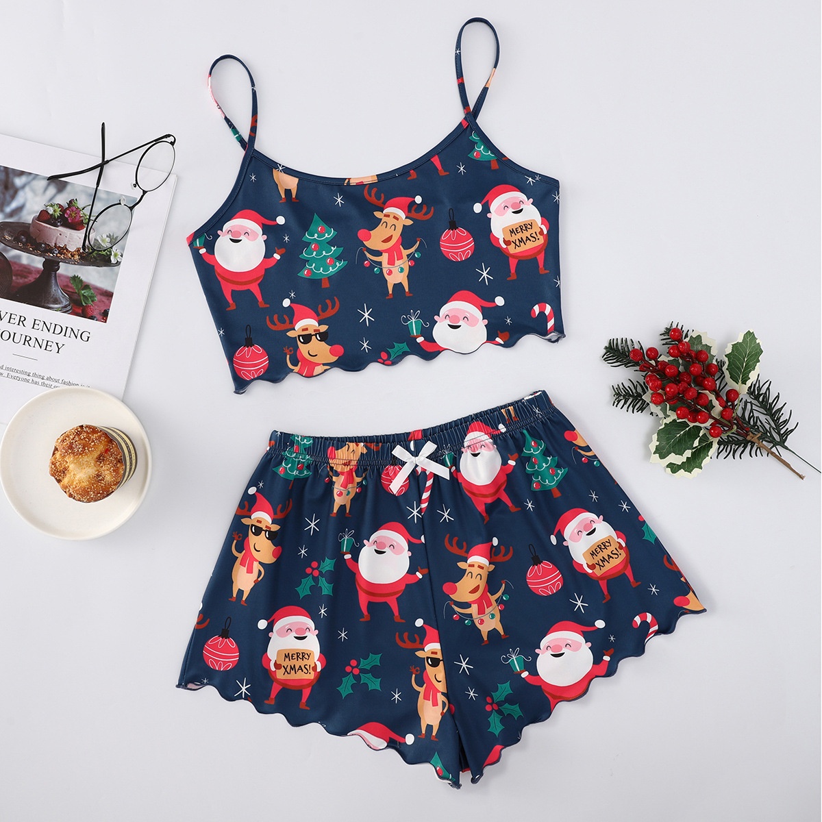 ChicShe Christmas European And American Style Thin Pajamas Simple Casual Strap Sleeveless Vest Shorts Milk Silk Two-Piece_voghion.com