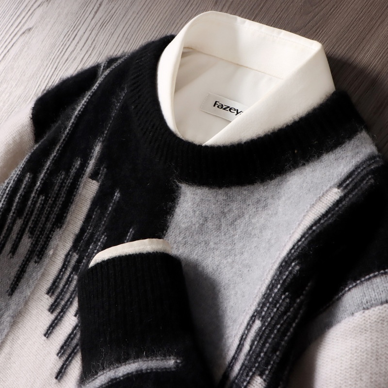 boy Boy Boy 100% Pure Wool Sweater For Men, Round Neck, Color Block Gradient, Thickened, Loose Fit, Business Casual Cashmere Knitted_voghion.com